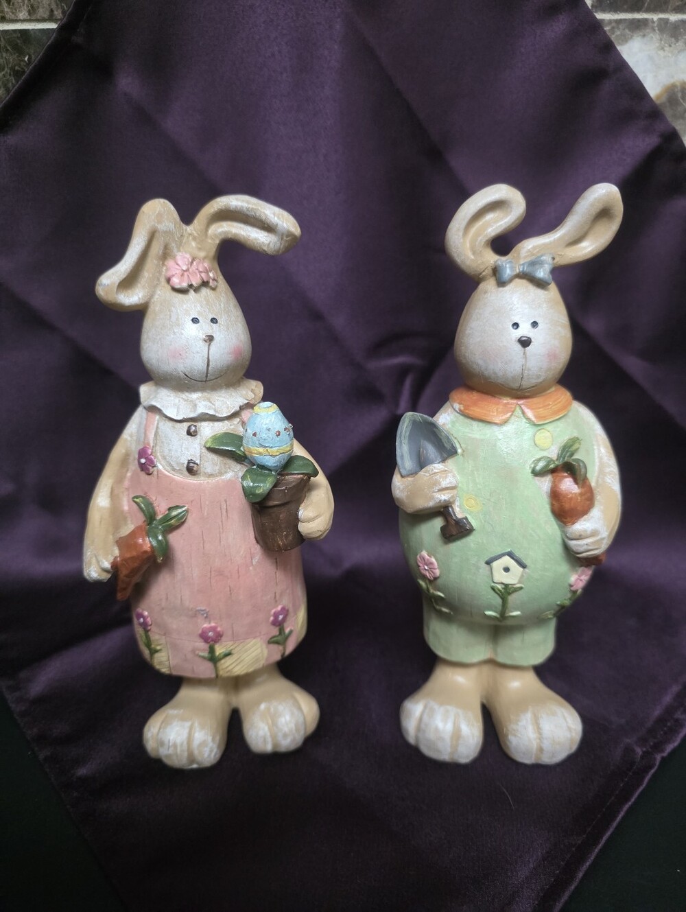 Set of 2 Rustic Easter Bunny Figurines Spring Garden Farmhouse Size 7”